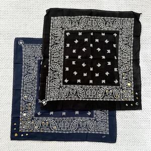 Uncle Kenny Vintage Navy Blue Black Bandana Square Scarf Studded Accents Set 2